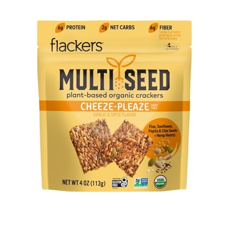 Flackers Organic Plant-Based Multi Seed Cheeze-Pleaze Garlic & Spice Flavor Crackers 4 oz