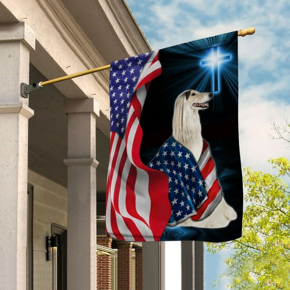 Flag Afghan Hound Dog Wearing Flag American Patriot Proud Standing Under The Cross Christian House Flag (29.5x39.5) Double Sided-USA Flags Premium Polyester-Decorative Indoor Outdoor Flag