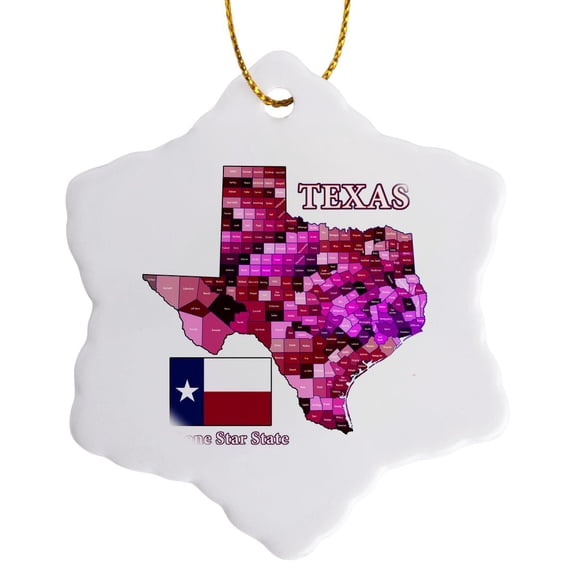 Flag And County Map Of Texas In Reds With State Name And Nickname, 3 inch Snowflake Porcelain Ornament