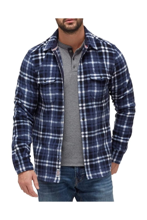 NAVY BLUE WHITE PLAID Long Sleeves Catron Fleece Jacket, US Small