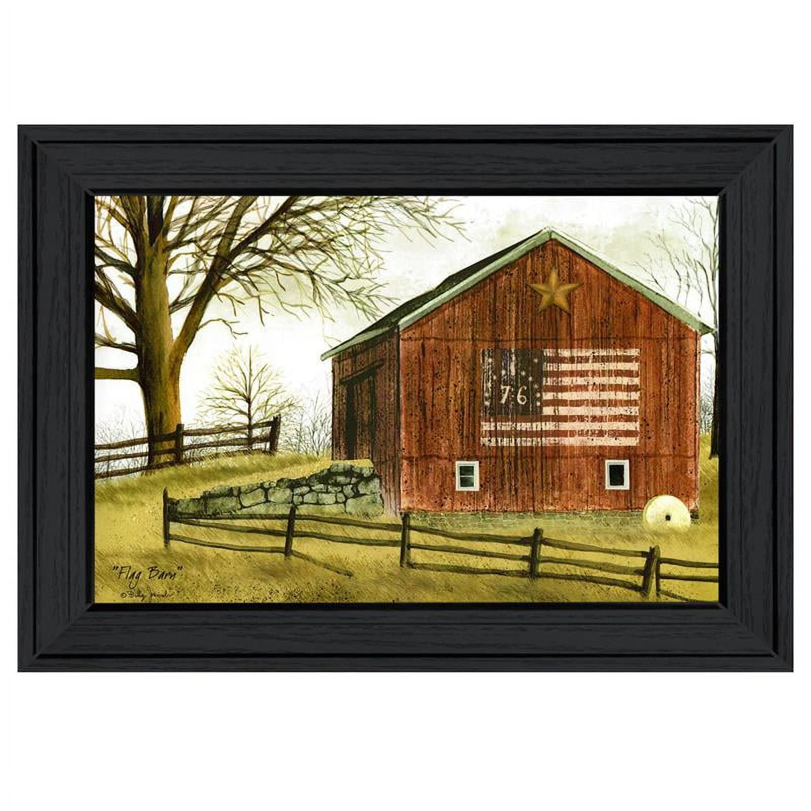 Rustic Red Barn American Flag Canvas Print with Black Frame