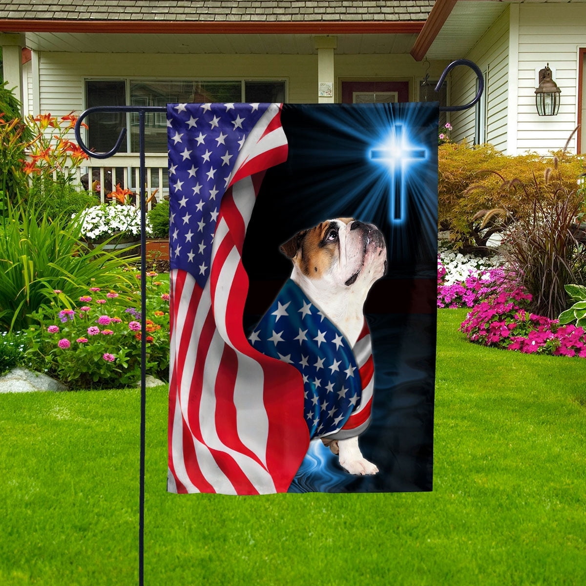 Flag Bulldog Dog Wearing Flag American Patriot Proud Standing Under The Cross Christian Garden Flag, Double-Sided Decorative Outdoor Flag, Patriotic Polyester Yard Flag 12 x 18 in