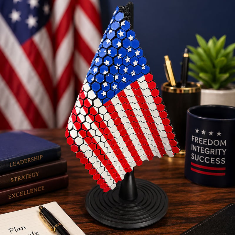 Flag Chain Mail Patriotic Desk Decor, 3D Printed American Flag Desk Display with Hexagon Chain Mail Design & Stand for Office, Shelf & Home Dcor