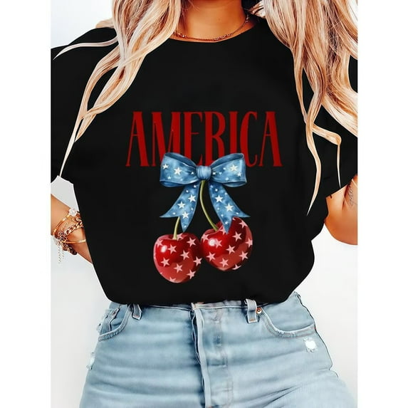 Flag Cherry Bow Print for Womens Tops Patriotic Graphic Tees Short Sleeve T-shirts Holiday Outfit,L