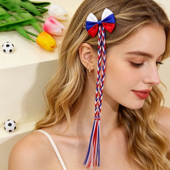 Flag Color Hair Braid Clips Bow Hair Accessories Sport Style Braided Clip Hair Extensions Festival Event Parade Party Photo Shoot Decorative Ribbon Braids Secure Clip Styling Accessory