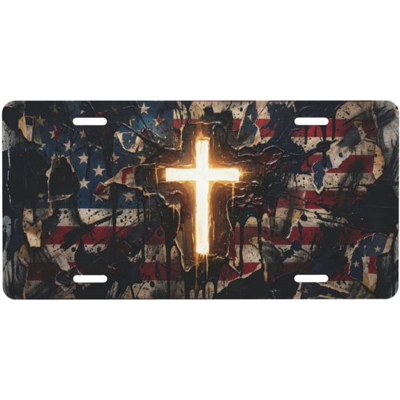 Flag Cross License Plate - 12x6 Aluminum American Christian Patriotic Religious Faith Waterproof