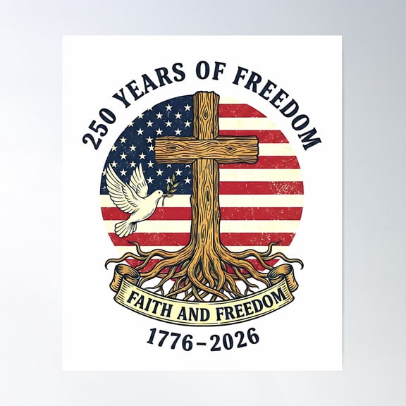 Flag Cross Tree 250 Years Faith and Freedom 1776-2026 Spiritual Landscape Art, Unframed Poster