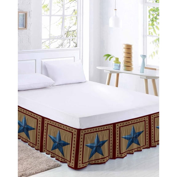 Flag Day Bed Skirt California King Size 16 Inch Drop, Retro Blue Star Red Brown Stars Border Adjustable Elastic Dust Ruffles Bedskirt Wrap Around Pleated Mattress Frame Cover