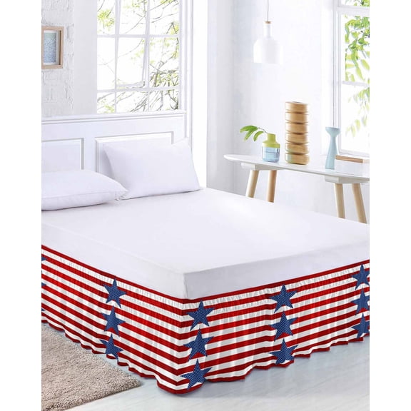 Flag Day Bed Skirt California King Size 18 Inch Drop, Abstract America Blue Star Red Stripes Adjustable Elastic Dust Ruffles Bedskirt Wrap Around Pleated Mattress Frame Cover