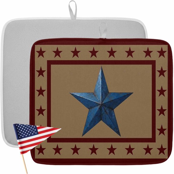 Flag Day Dish Drying Mat 2 Pack, Retro Blue Star Red Brown Stars Border Absorbent Heat Insulating Kitchen Drying Pad Drainer Mats for Sink Counter Pot Dishes 18 X 24 Inch