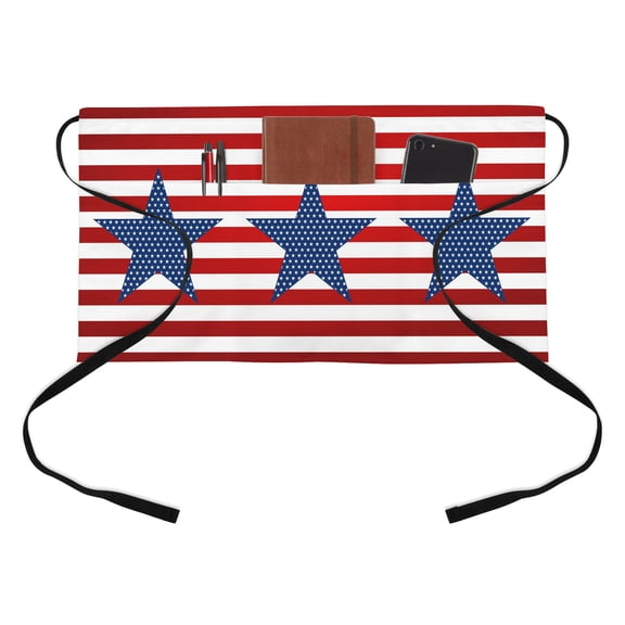Flag Day Kitchen Restaurant Half Waist Apron, Abstract America Blue Star Red Stripes Server Short Apron with 3 Pockets Waterproof Oil Waist Aprons for Women Waitress Waiter