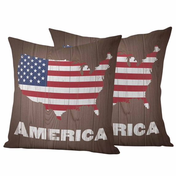 Flag Day Pillow Covers 2 Pack Vintage Red Stripes Blue Stars American Map Brown Wood Grain Pillowcase Waterproof Outdoor Throw Pillow Cover for Patio Garden Square Cushion 18”x18”