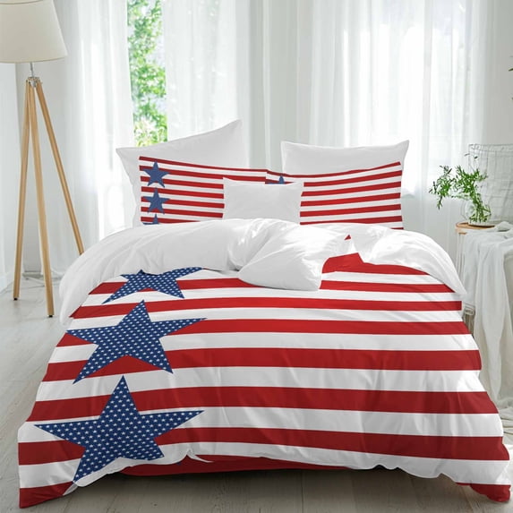 Flag Day Queen Size Comforter Set, Abstract America Blue Star Red Stripes Bedding for All Seasons, 4 Pcs Bed Set, 1Quiltcover (90"x92") ,1Sheet(94"x116"), 2Pillowcases (30"x20")