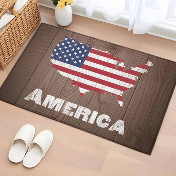 Flag Day Washable Area Rug 2 x 3 ft Vintage Red Stripes Blue Stars American Map Brown Wood Grain, Soft Non Slip Rugs Stain Repellent Indoor Felt Carpet for Living Dining Room Bedroom Home Office