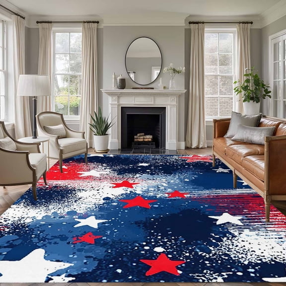 Flag Day Washable Area Rug 8 x 10 ft U.S. Flag Themed Red White Five-Pointed Star Graffiti, Soft Non Slip Rugs Stain Repellent Indoor Felt Carpet for Living Dining Room Bedroom Home Office