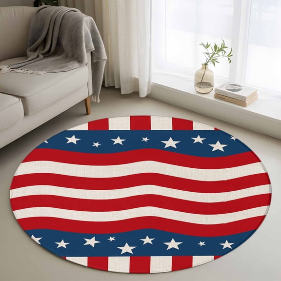 Flag Day Washable Round Area Rug 4 ft, America Flag Pentagram Cotton Linen, Soft Non Slip Rugs Stain Repellent Indoor Felt Carpet for Living Dining Room Bedroom Home Office