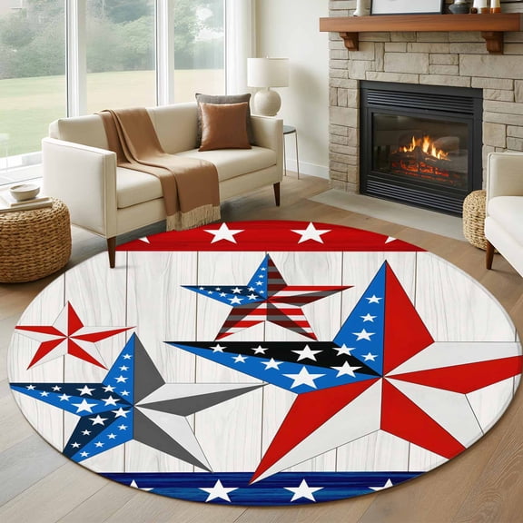 Flag Day Washable Round Area Rug 7 ft, Independence Day Pentagram Wood Grain Vintage, Soft Non Slip Rugs Stain Repellent Indoor Felt Carpet for Living Dining Room Bedroom Home Office