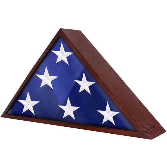 Flag Display Case 5' x 9.5' Funeral & Military Flag Shadow Box with HD Tempered Glass and Wall Mount, Folded Triangle Flag Holder Frame for Veterans, Cherry Red