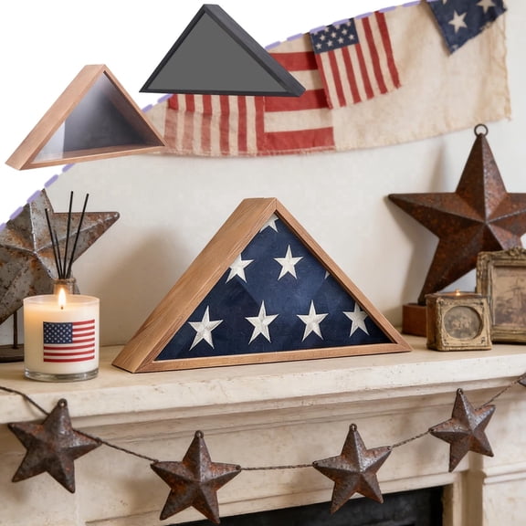 Flag Display Case – Wooden Wall Decor, Triangular Memorial Storage Box with Clear Front Panel, Black Brown, 17.32 x 9.05 x 3.35 in
