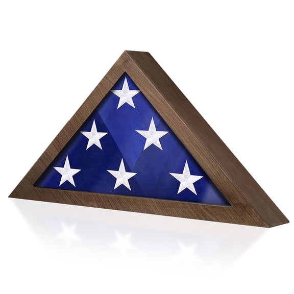 Flag Display Case for 5' x 9.5' Funeral & Military Flag Shadow Box with HD Tempered Glass, Folded Triangle Flag Holder Frame for Veterans Walnut