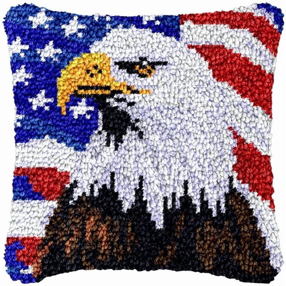 Flag Eagle Latch Hook Kits Pillow DIY Rug Crochet Hook Cushion Making Kits with Preprinted Pattern Canvas Instruction Yarns and Latch Hooking Pillow Cover Easy to Starter DIY Kits 43x43cm