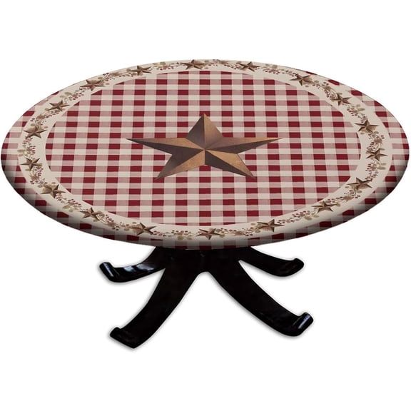 Flag Fitted Tablecloth Round with Elastic, Texas Star Red Checkered Edge Table Cover Pad for Picnic Party or Indoor Kitchen Patio Dining Table Decor, Fits Tables up to 60" Diameter, Red Checkered