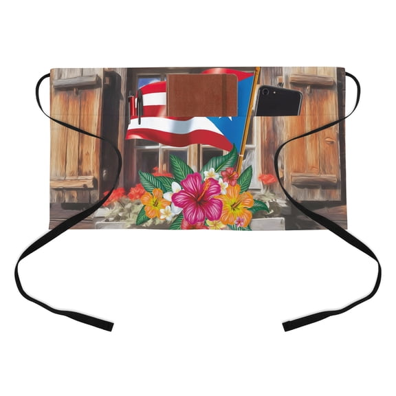 Flag Flowers Kitchen Restaurant Half Waist Apron, Rustic Puerto Rico Red Blue Flag Hibiscus Wooden Window Server Short Apron with 3 Pockets Waterproof Oil Waist Aprons for Women Waitress Waiter