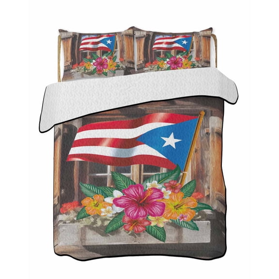Flag Flowers Quilts Bedding Set King Size Rustic Puerto Rico Red Blue Flag Hibiscus Wooden Window Lightweight Quilted Bedspread 3 Piece Bed Quilt with 2 Pillow Shams All Season for Bedroom 90" x 96"