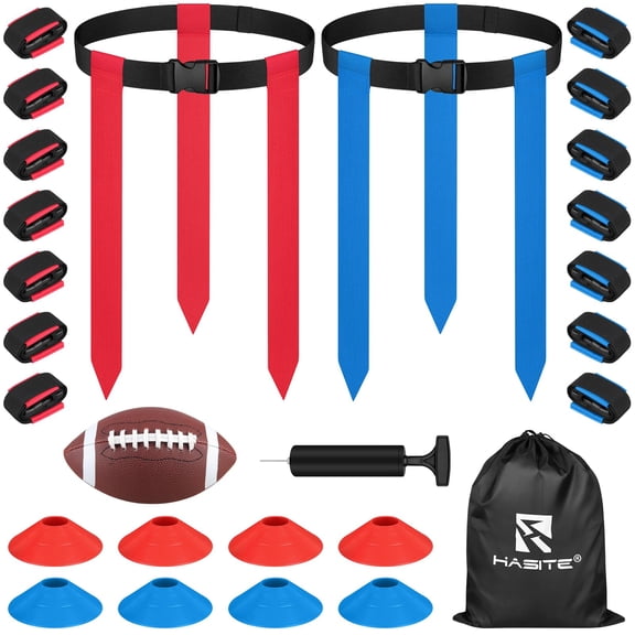 Flag Football Set, 14 Player Adjustable Flag Football Belts, 42 Flags, 8 Practice Cones, Size 3 Football, Pump and Bag, Perfect for Youth, Adults and Children to Capture The Flag