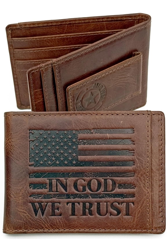 Flag Front Pocket Wallet for Men - RFID Blocking Full Grain Leather Bifold with Clip 9 Card Slots, Patriotic , Slim Minimalist ern Wallet with "In God We Trust" Design