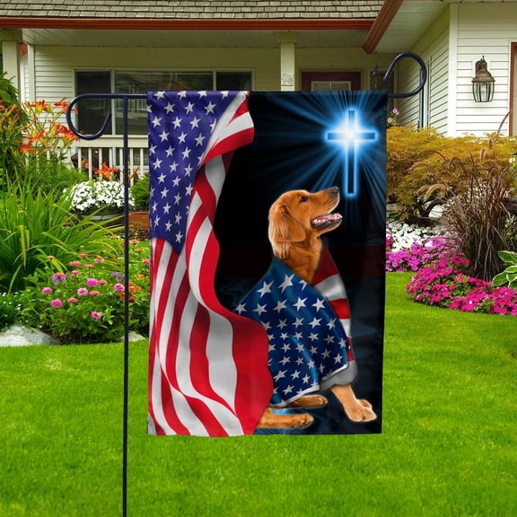 Flag Golden Dog Wearing Flag American Patriot Proud Standing Under The Cross Christian Garden Flag, Double-Sided Decorative Outdoor Flag, Patriotic Polyester Yard Flag 12 x 18 in