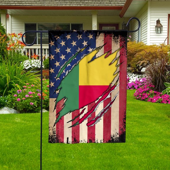 Flag Half American Flag Beninese Proud In Benin U.S.A Friendship Root Garden Flag, Double-Sided Decorative Outdoor Flag, Patriotic Polyester Yard Flag 12 x 18 in