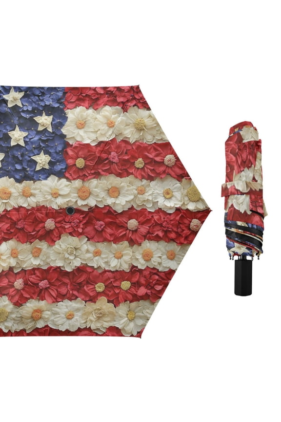 Flag Made by Flowers All Weather Umbrella Triple Folding Parasol 6 Ribs UV Protection Portable