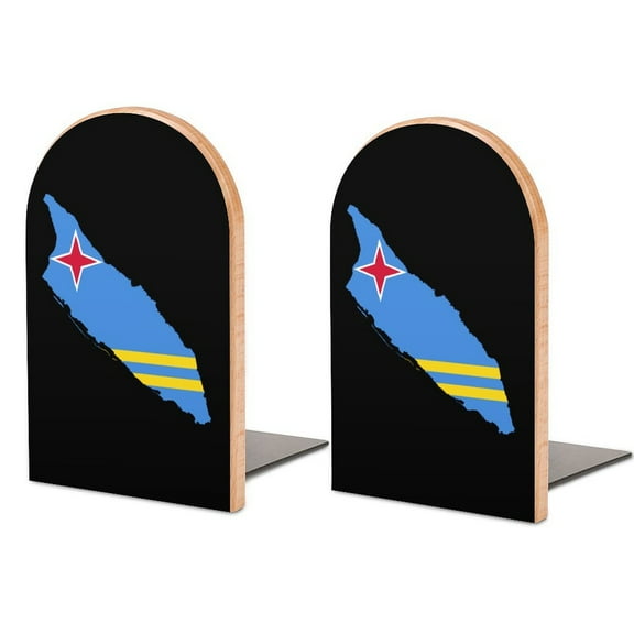 Flag Map of Aruba Wood Book Ends for Shelves Non-Skid Book Holders Heavy Duty Book Stand Support for Books and Movies
