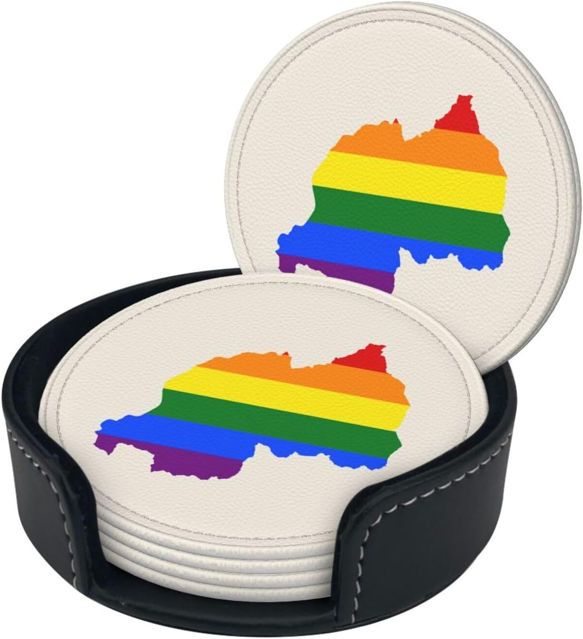 Flag Map of Rwanda Premium Leather Coasters - Set of 6 with Holder ...