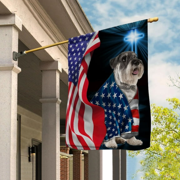 Flag Miniature Schnauzer Dog Wearing Flag American Patriot Proud Standing Under The Cross Christian House Flag (29.5x39.5) Double Sided-USA Flags Premium Polyester-Decorative Indoor Outdoor Flag