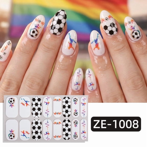 Flag Nail Wraps Soccer Themed Nail Art Stickers - Adhesive Full Nail Polish Strips With Glitter for Football Fans - 16 Piece Set for Women Men Game Day Party Decorations