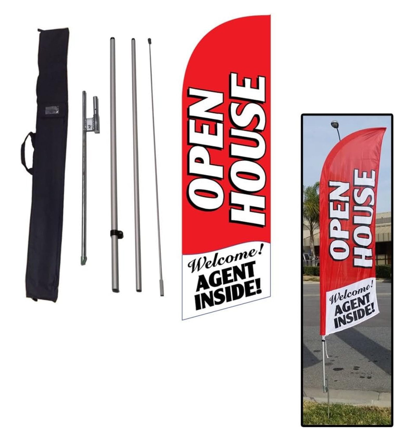 Flag Nation Red 6ft x 2ft Open House Sign, Travel Kit with Flag Pole
