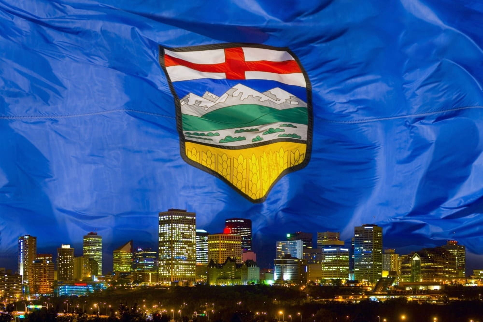 Flag Of Alberta Over Edmonton Canvas Art - Corey Hochachka Design Pics (34 x 22)