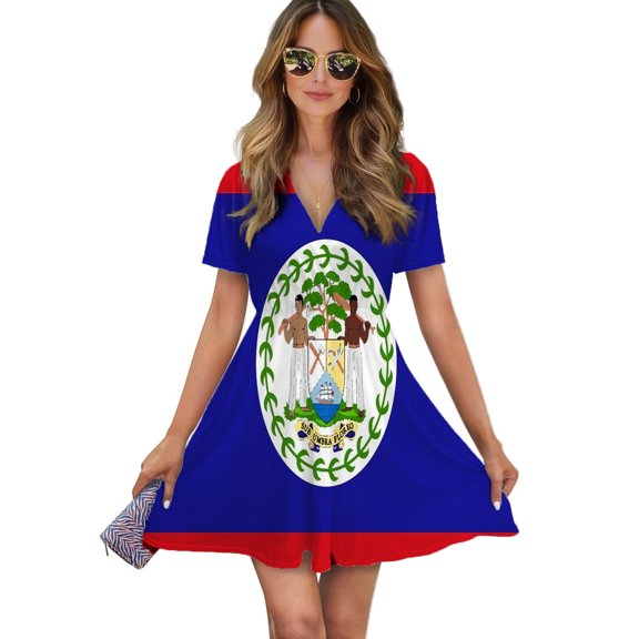 Flag Of Belize Women Dress V-Neck Short Sleeve Flowy Swing Party Midi Dress