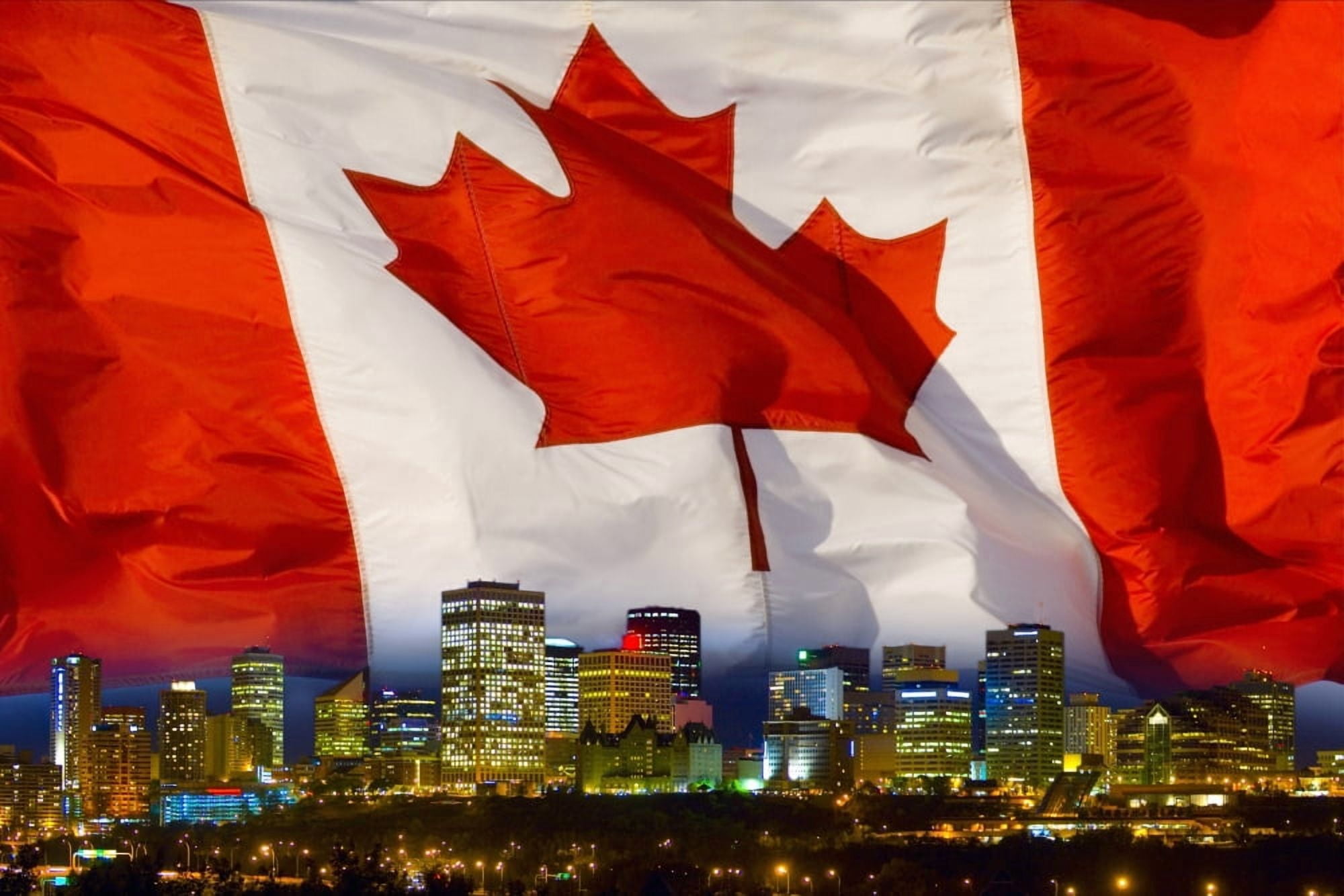 Flag Of Canada Over Albertas Capital City Edmonton Alberta Canada Canvas Art - Corey Hochachka Design Pics (34 x 22)
