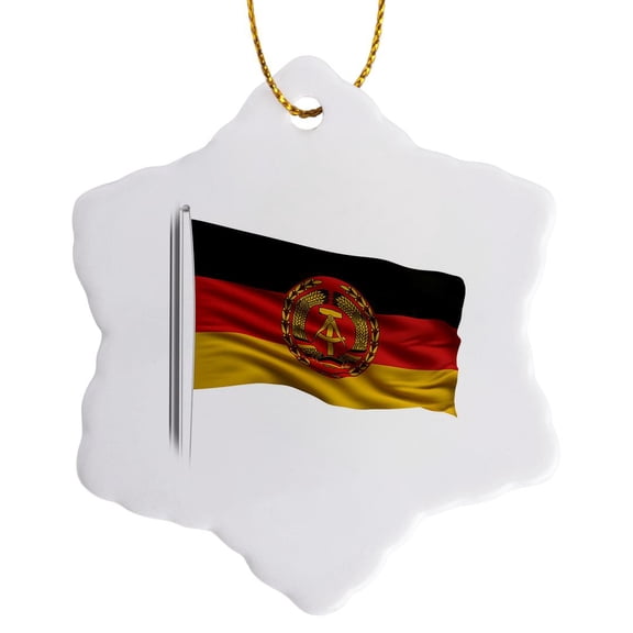 3drose, Flag of Eastern Germany on a Flag Pole over White Gdr, 3 inch Snowflake Porcelain Ornament