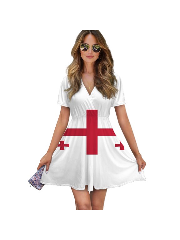 Flag Of Georgia Official Women Dress V-Neck Short Sleeve Flowy Swing Party Midi Dress