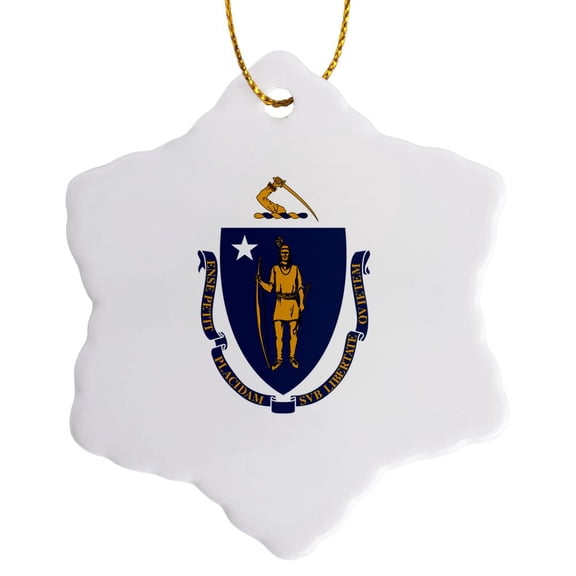 3drose, Flag of Massachusetts - Us American State - United States of America Usa - Blue Shield on White, 3 inch Snowflake Porcelain Ornament