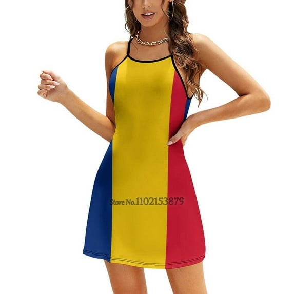 Flag Of Romania Square Neck Dress Summer Dress Women Elegant Halter Print Dress Romania Romania Dresses For Women Party Dress