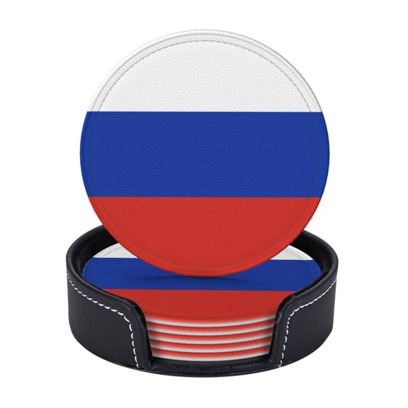 Flag Of Russia Coasters With Leather Holder Set Of 6 Round Coasters for Home and Kitchen Decor