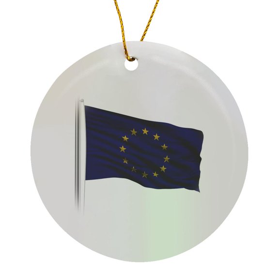 Flag Of The European Union On A Flag Pole Over White Europe, Circle Porcelain Ornament