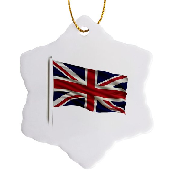Flag Of The United Kingdom On A Flag Pole Over White Uk Great Britain British, 3 inch Snowflake Porcelain Ornament