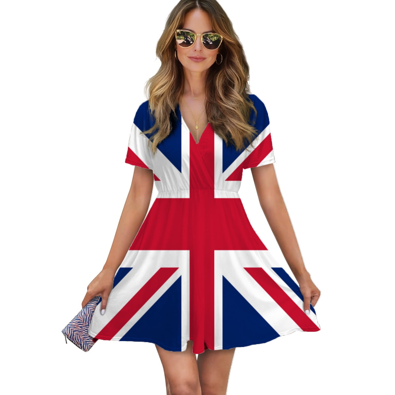 Flag Of The United Kingdom Women Dress V-Neck Short Sleeve Flowy Swing ...