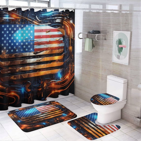 Flag Of The United States Shower Curtain Sets with Rugs 4 Piece Rustic